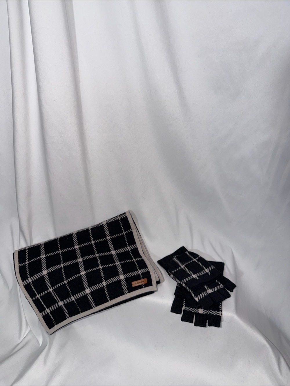 Coach| Black and Cream Tattersall Wool Scarf and Convertible Glove Set